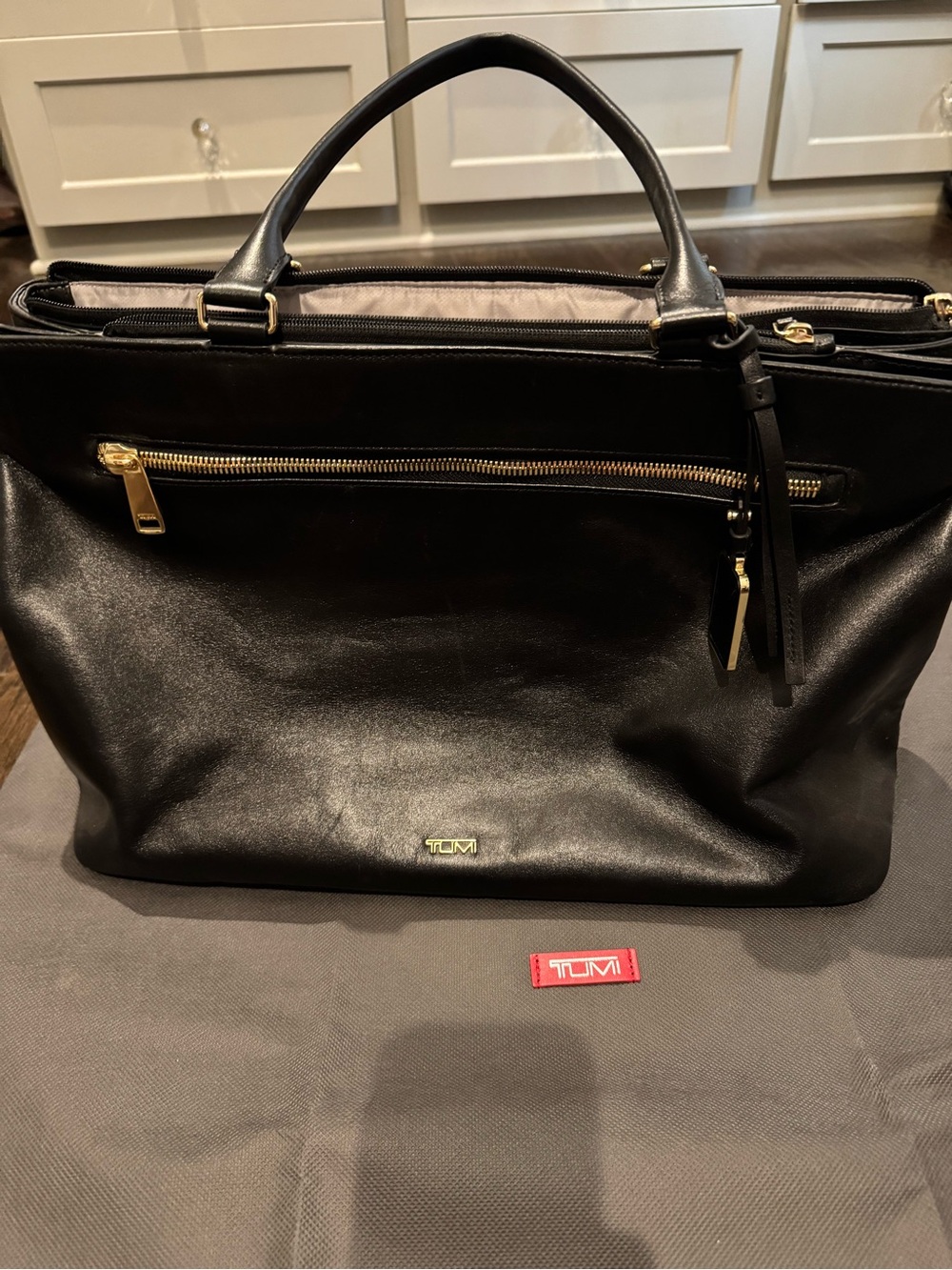 Tumi Women’s Black Leather Satchel with Gold Hardware